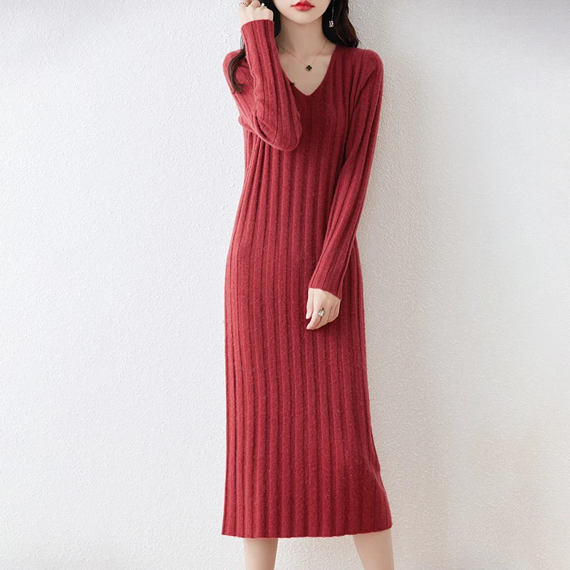 Women Clothing 100% Wool Knitted Dresses 2023 New Arrival Winter/ Autumn V-neck  Long Style 6Colors Female Jumpers