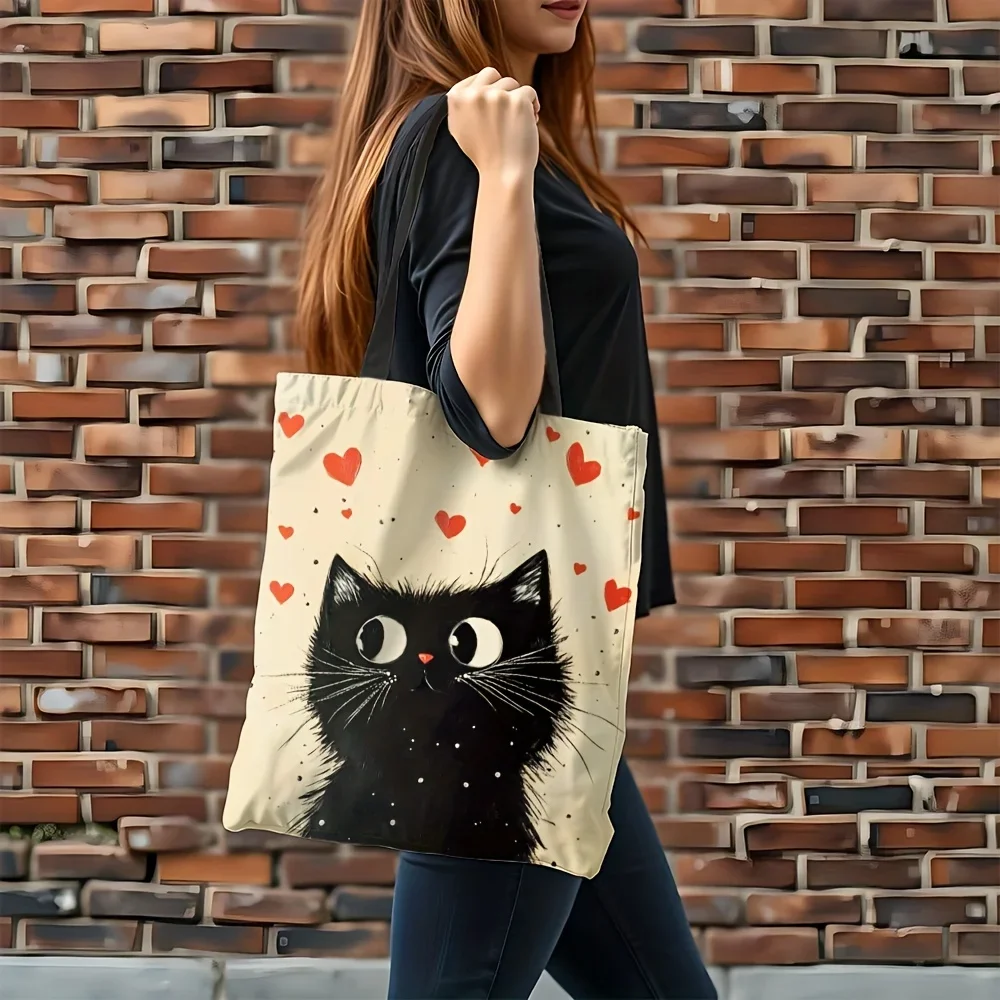 Shopping Bags Canvas Printing 1pc Large Capacity Polyester Tote Bag, Rectangle Shoulder Bag with Black Cat and Heart Prints,