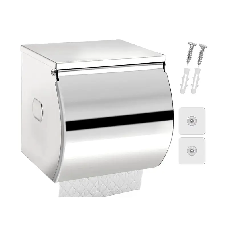 Exquisite-Sleek Silver Stainless Steel Toilet Paper Holder With Shelf, Waterproof And Self-Adhesive For Bathroom Wall Mount