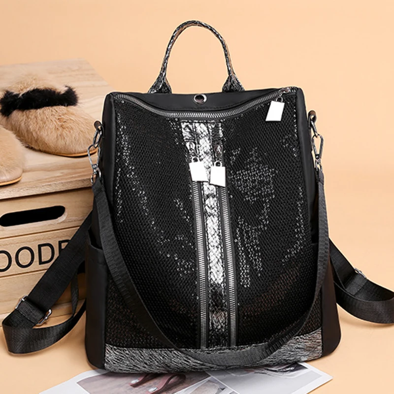 Korean Version New Trend Black Sequin Student Schoolbag Outdoor Large Capacity Casual Vertical Square Women\'s Backpack