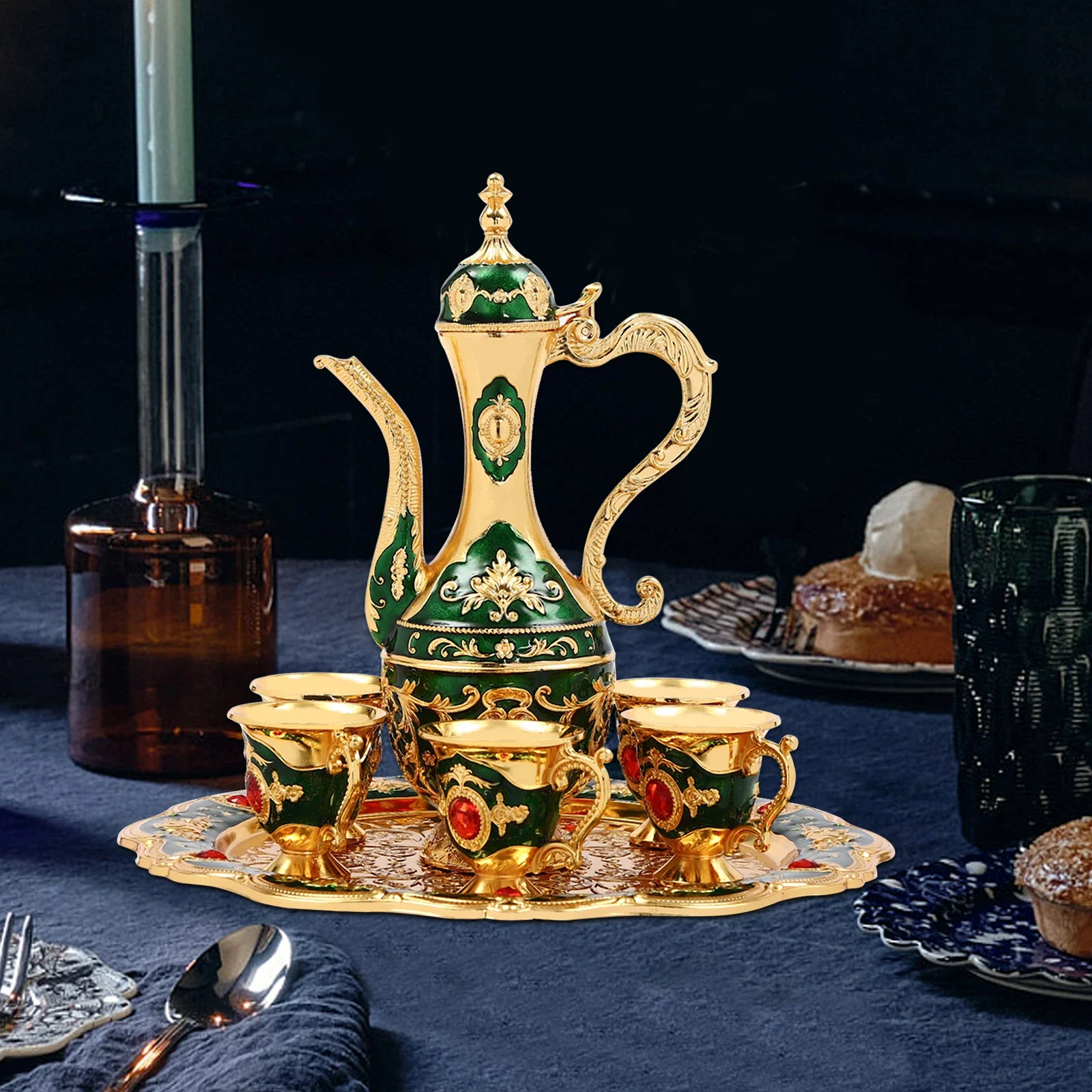 

Golden Green Tea Set (one Po+Six Cups+One tray), Multi-functional Retro Türkiye Drinking Set-No Assembly Required, Easy To Clean