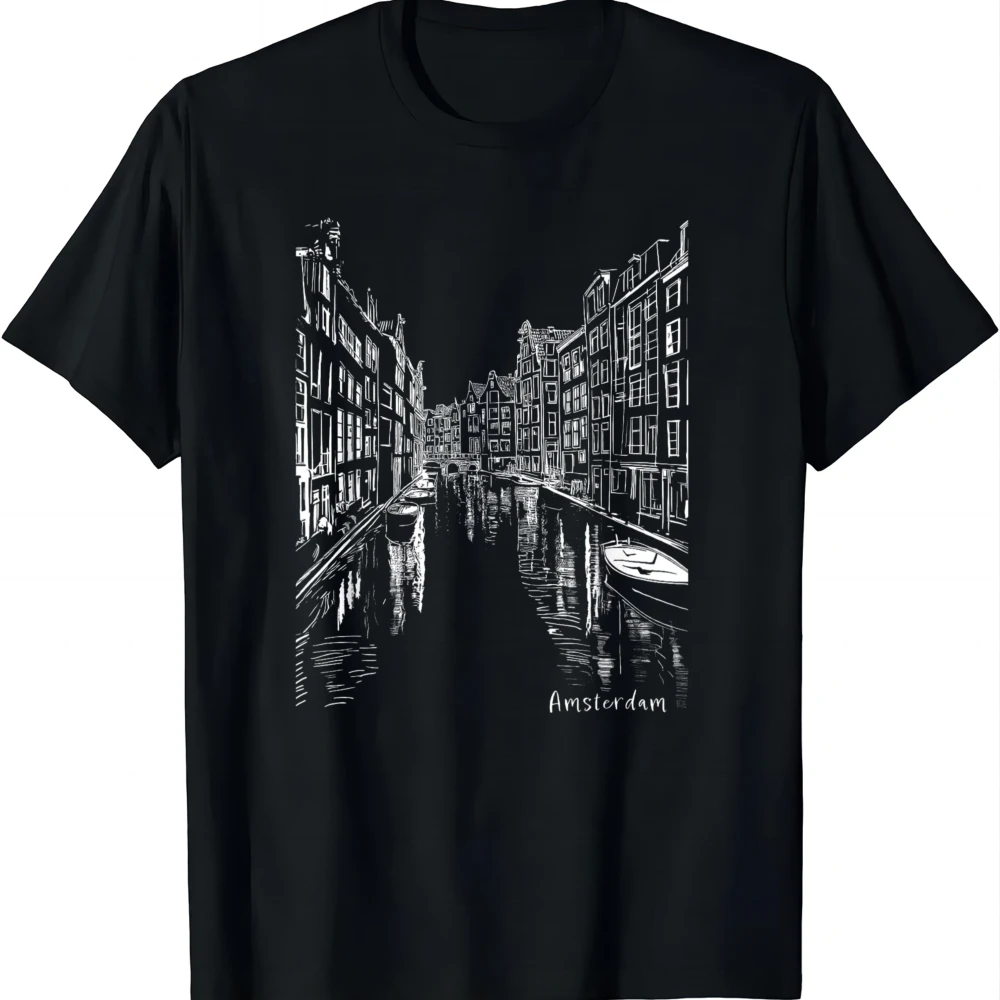 Amsterdam Canal Netherlands Holland Drawing Artwork Souvenir Unisex-Child Classic Fit Black Artwork T-Shirt Camiseta Streetwear