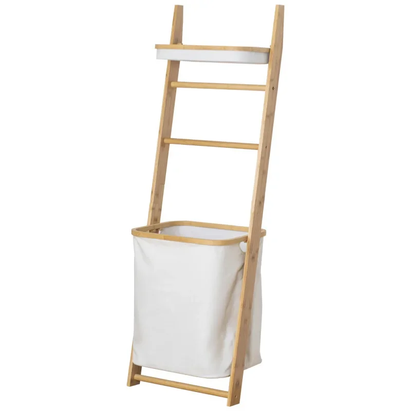 

Natural Bamboo Clothes Rack Bedroom Floor Hanger Multifunctional Storage Against Wall Design