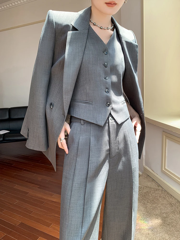 

ey Suit Set Women's Profional Tee-Piece Suit Ele Luxury Spring Autumn Career Formal Vest Jaet Pants Ensemble