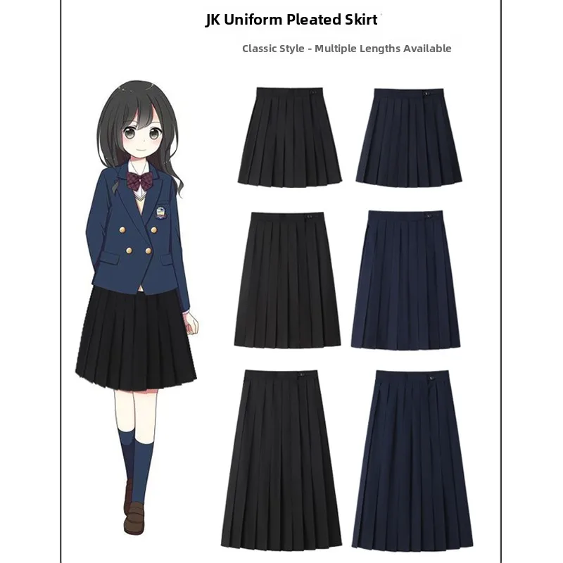Black Pleated  Skirt Japanese Style Student Uniform A-Line Half-length Skirts YKK Zipper Slimming Waist Summer Wear