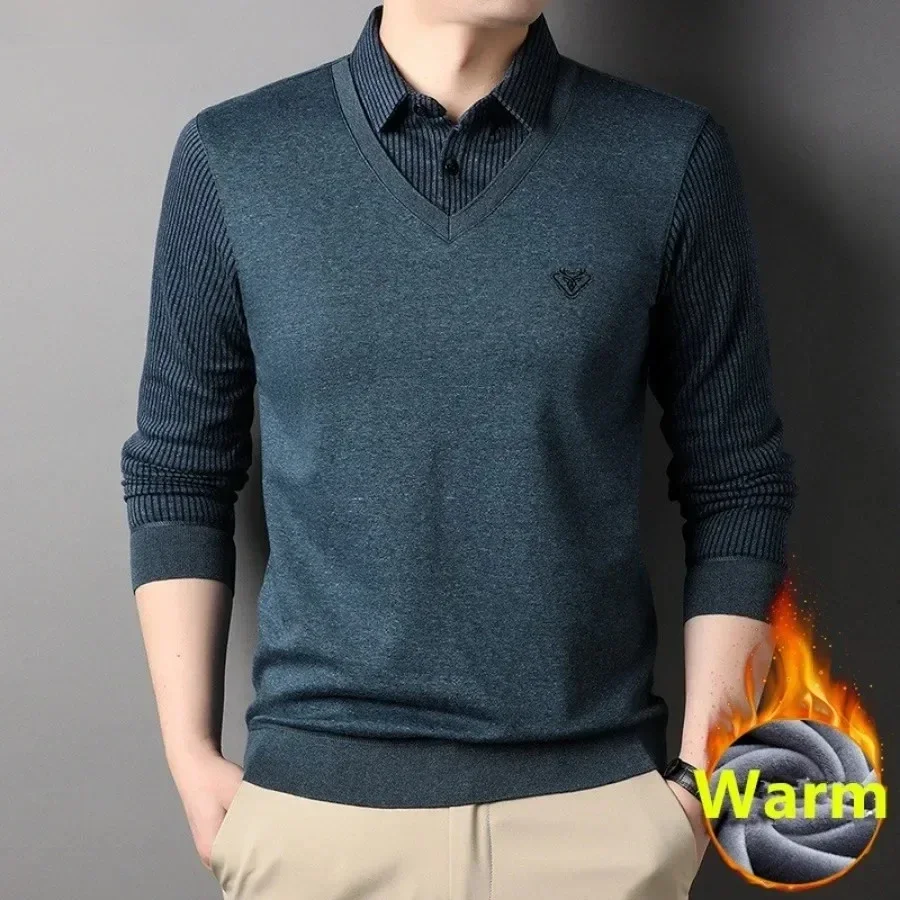 New  Men's Winter Warm Fake Two Piece Shirts Business Club Party Pullover Tops Fleece Thicker Warm Bottoming Shirt Tops Male