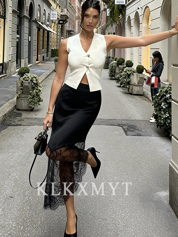 Women Wrap Skirts 2025 Women Autumn Fashion Solid Color Lace Splice High Waist Skirts Women Elegant Party Skirts