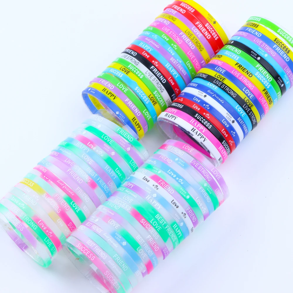 20/30/50/100pcs/lot Fashion Multicolor Love Friendship Elastic Silicone Bracelet Bangle Women Men Power Wristband Mix Style G