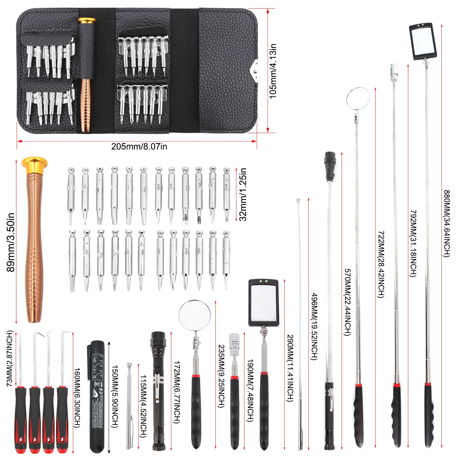 LED Light Telescoping Inspeção Espelho, Estender Ferramentas Mecânicas, Cabo Telescópico, Reparação Espelho, 360 °