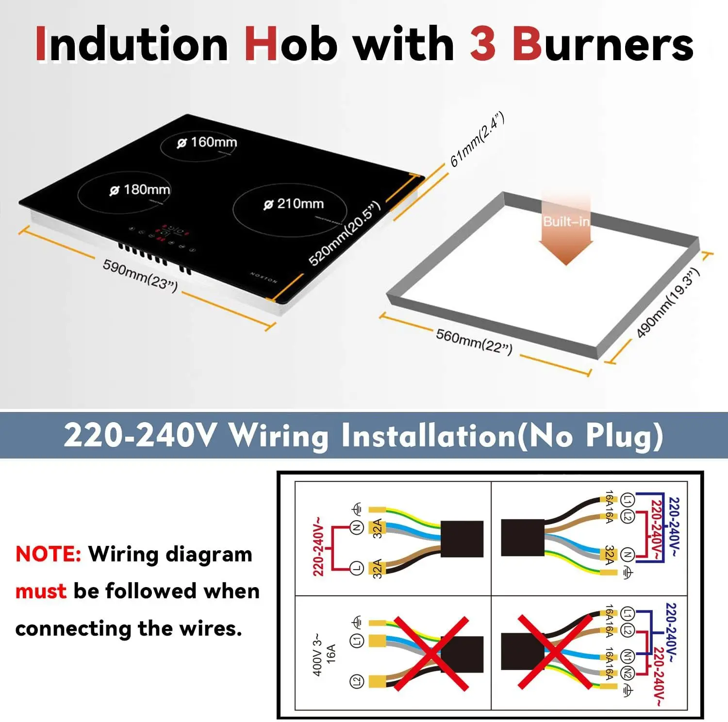 نوكستون موقد حثي 3 شعلات، موقد حثي مدمج 60 سم، فرن كهربائي مع تحكم باللمس، مؤقت، قفل أمان، 5200 وات، واي فاي