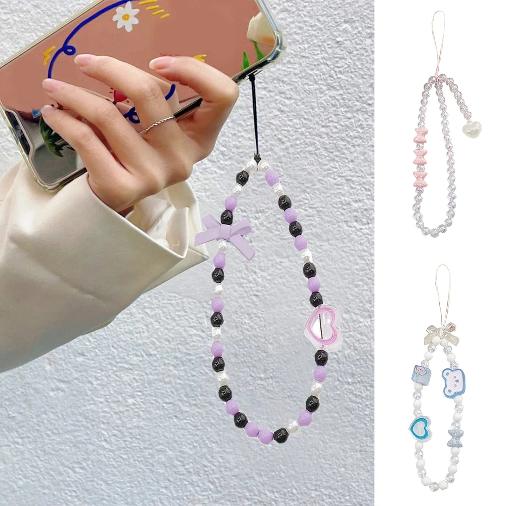 Cute Bear Bow Knot Mobile Rope Keychain Lanyard Phone Beaded Chain Handstring Pendant Wallet Strap Short Anti Drop Acrylic