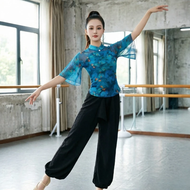 

Women Latin Dance Top Summer Slim Fit Tulle Mid Sleeve Adult Versatile Fashion Ballroom Modern Practice Performance Dancewear
