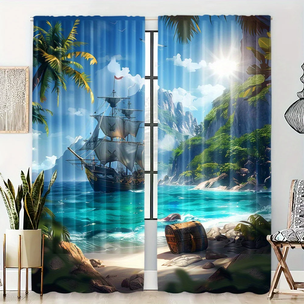 

2-Piece Semi-Blackout Curtains Tropical Island Pirate Ship Palm Tree Design Rod Pocket Hanging for Bedroom Floor Window Blinds