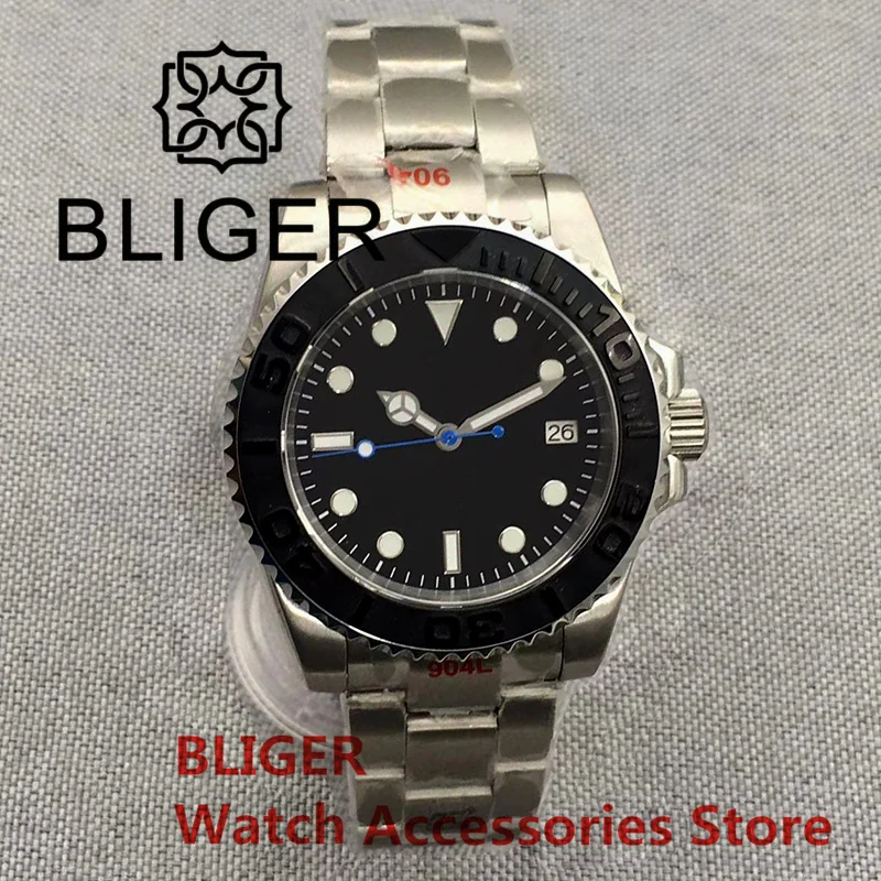 BLIGER 40mm NH35A Automatic Mens Watch Brushed Black Insert Blue Second Hand Mingzhu MIYOTA PT5000 Movement Sapphire Glass 10Bar