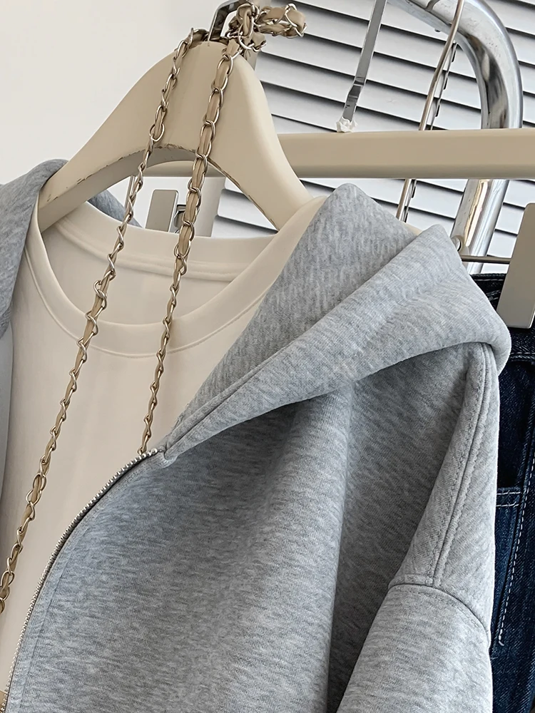 Grey Sweatshirt Hooded Casual Cardigan Women Autumn Winter Solid Color Zipper Long Sleeves Hoodies Loose Tops