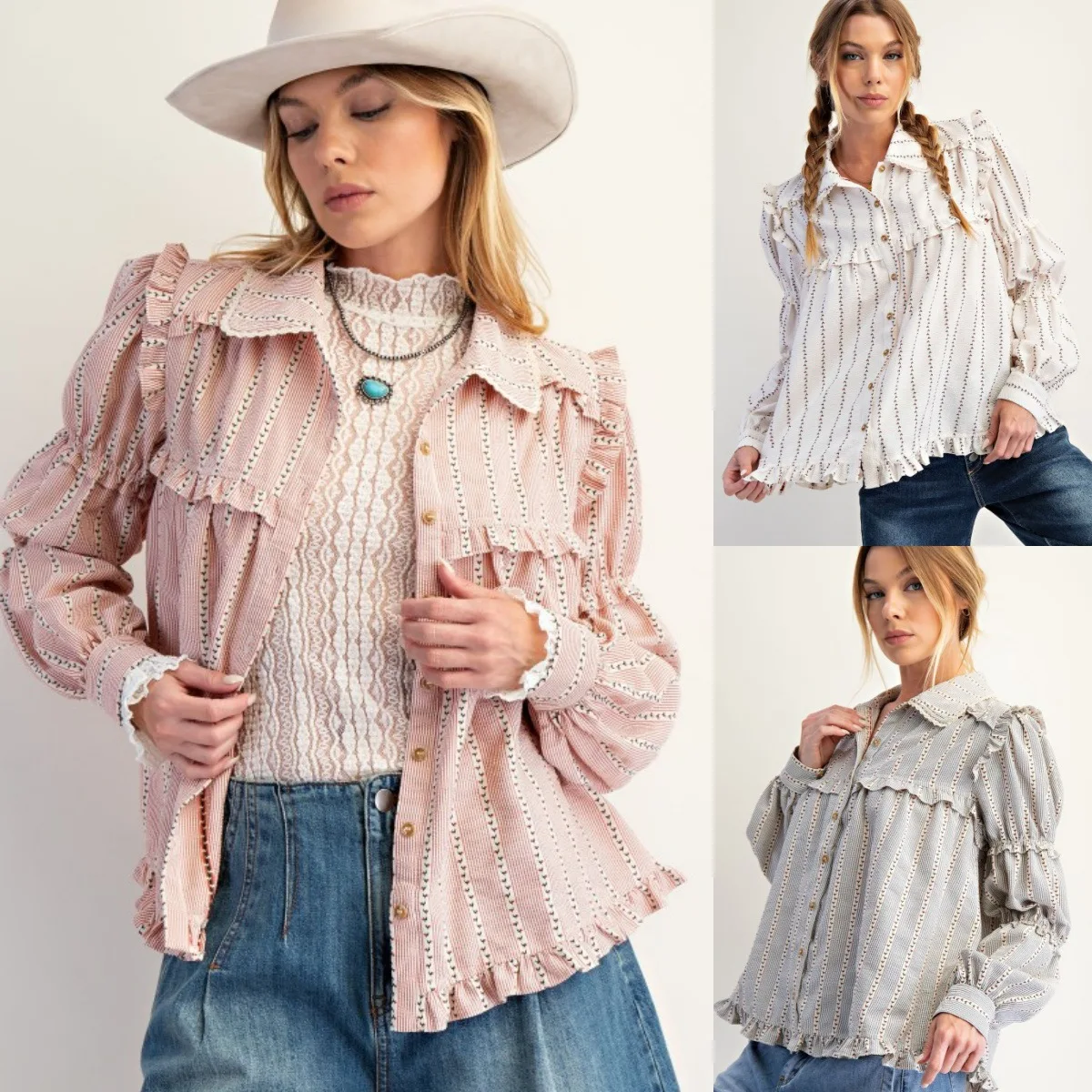 

2025 Autumn Women's Striped Coat Ruffled Single-Breasted Long-Sleeved Women's Shirt Casual Versatile elegant style Top For Lady