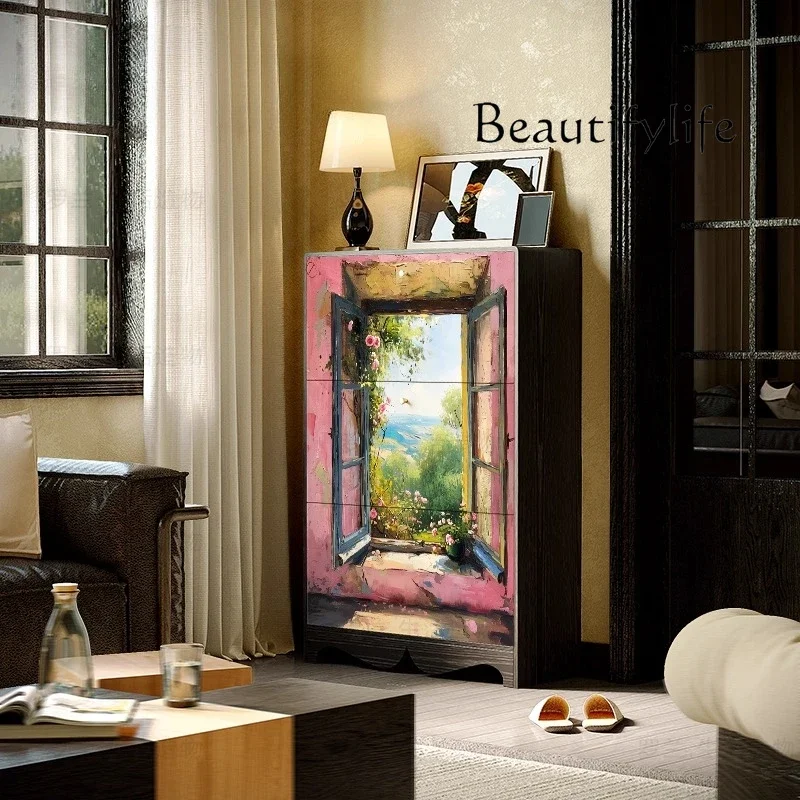 

BJ French Flower Solid Wood Tipping Bucket Cabinet, Living Room Storage Aisle, Wall Storage Cabinet