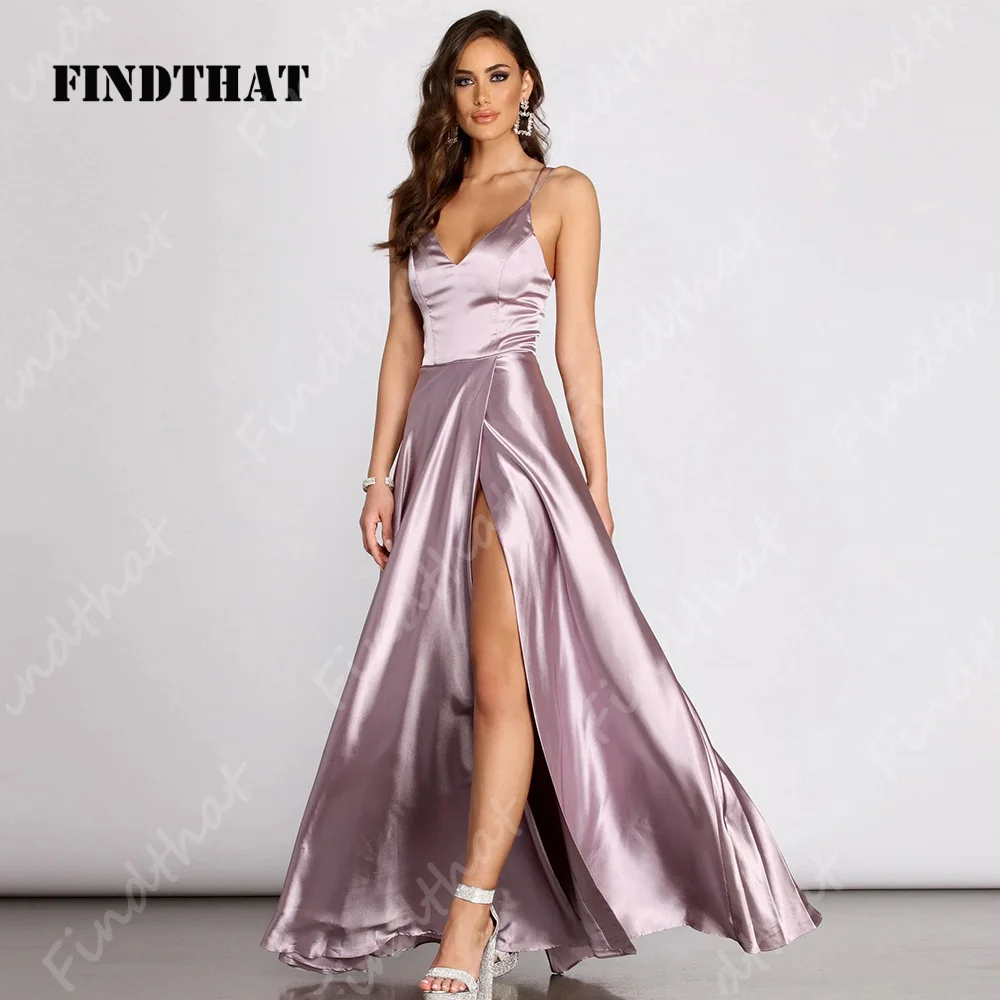 Findisso-Elegante V-Neck cetim Vestidos, A-Line Spaghetti-Correias, Sexy Side Slit, Bridesmaid Prom Gowns, Party, 2024