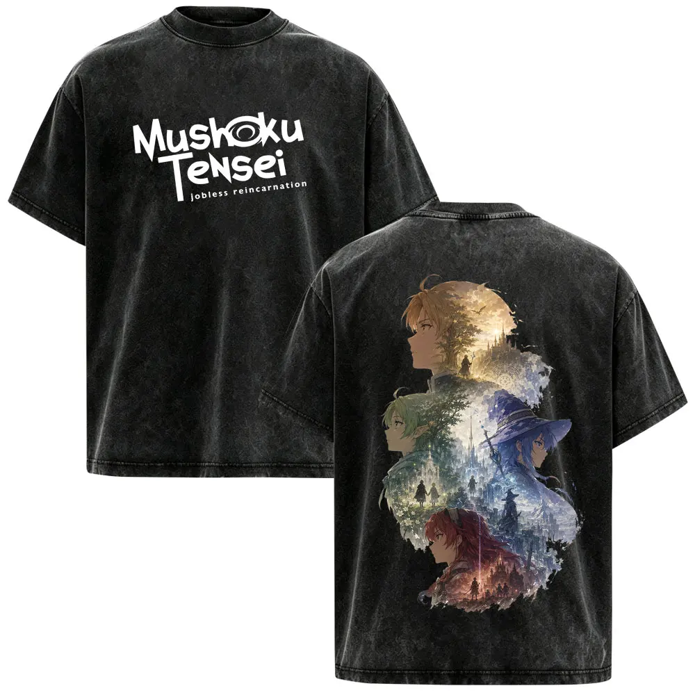 Anime Mushoku Tensei Jobless Reincarnation Vintage Washed T Shirt Roxy Eris Rudeus Manga Oversized Fashion Short Sleeve T-shirt