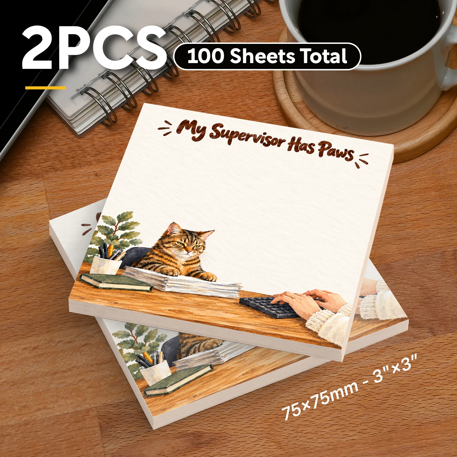 2PCS Cat Sticky Notes 100 Sheets My Supervisor Has Paws Funny Tabby Cat Office Humor Memo Pads for Work School Stationery