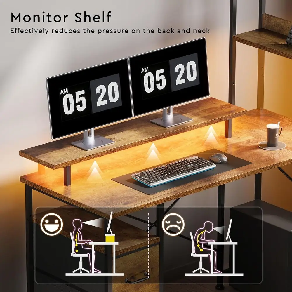 โต๊ะทำงานแบบมีไฟ LED แบบพลิกกลับได้พร้อมพอร์ตชาร์จและชั้นวางเข้ามุมสำหรับโฮมออฟฟิศ สีน้ำตาล