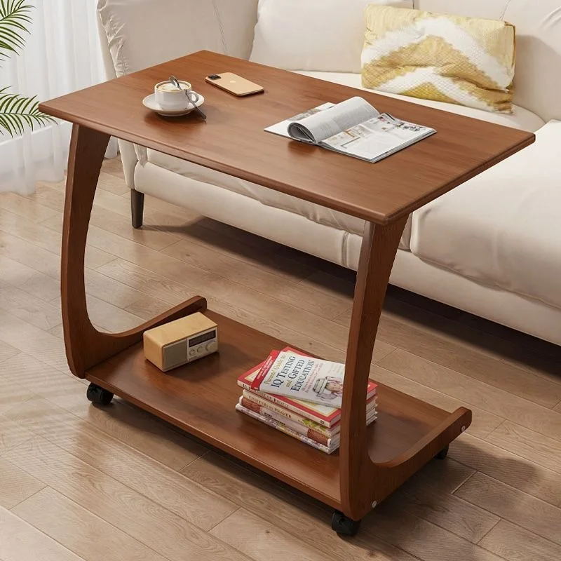 Bamboo Balcony Tea Table  Movable Living Room Side Table  Anti-Collision Bedside Stand  Space-Saving C-Shaped Sofa Table