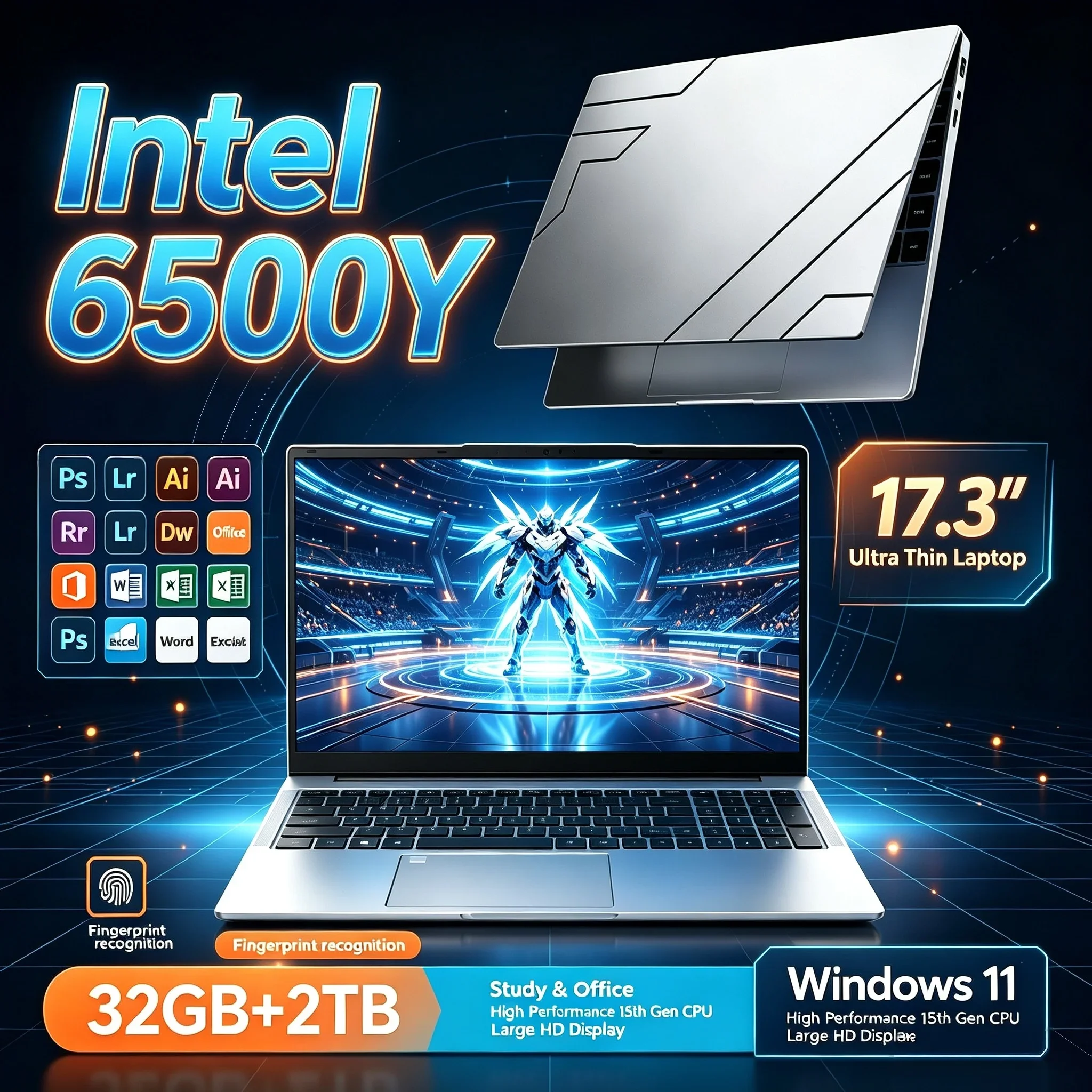 17.3 Inch Portable Backlit Keyboard Laptop Intel 6500Y 32GB RAM 1TB 2TB SSD Win11 WiFi6 BT5.2 Business Office Study Notebook PC