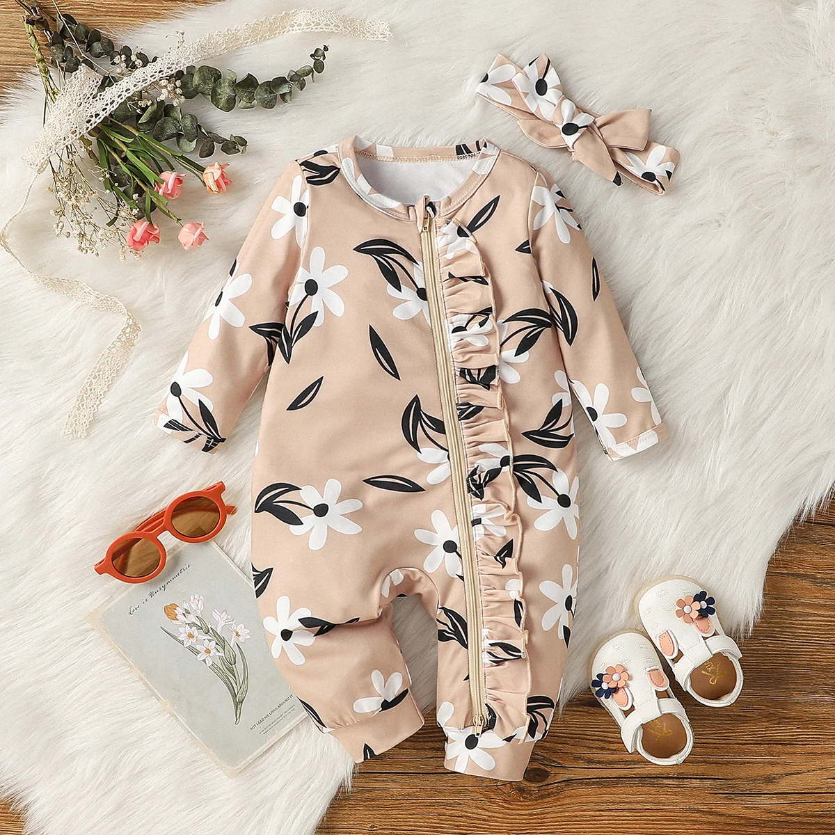 Baby Girls Full Sleeve Printed Floral With zipper All Seasons Japan&Korean Casual Jumpsuit+Headband