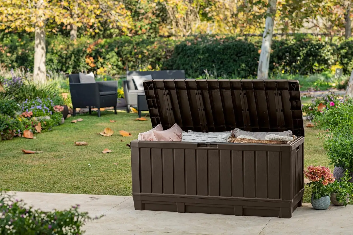 92 Gallon Box-Organization and Storage for Patio Furniture Outdoor Cushions, Throw Pillows, Garden Tools and Pool Floats, Brown