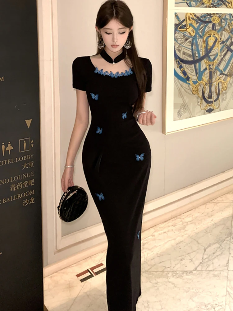 Letnia Czarna Dzianinowa Bawełniana Elegancka Sukienka z Kokardą, Kwadratowym Dekoltem i Długim Rękawem Damska Vintage Hepburn Sukienka na Bal Maturalny 2025 Koreańska Sukienka Bodycon na Imprezę