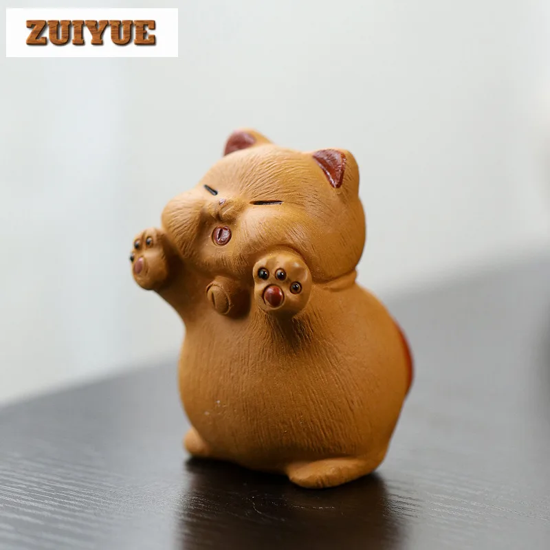Yixing Zisha Cute Little Orange Cat Tea Pet Aesthetic Tea Spirit Tea Figurine Play Toys Tea Statue Ornaments Accessories Craft