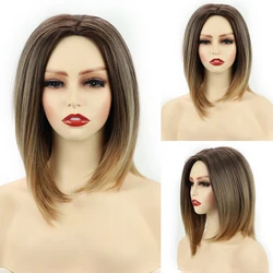 Synthetische Short Bob Gerade Perücke Honig Braun Mittelteil Perücken für Frauen Hitze Beständig Haar Ombre Blonde Neue Modische Haare