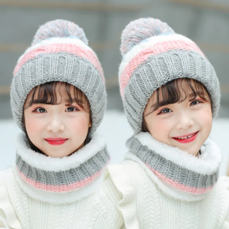 Gorro de bola de lana de punto de terciopelo grueso para niños, bufanda cálida para niñas, gorro de cobertura para niños, versión coreana, lindo y dulce, Invierno