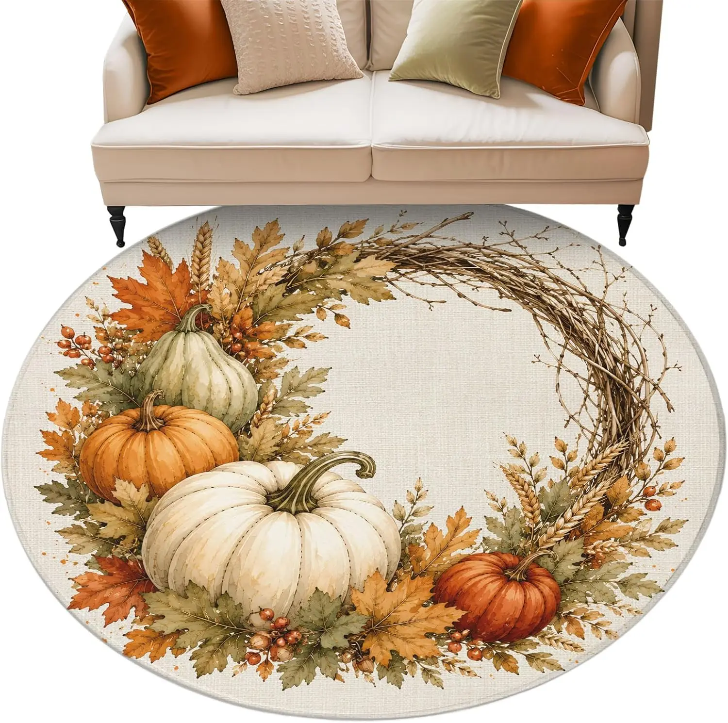 5 Ft Round Rug for Bedroom, Thanksgiving Indoor Accent Rugs for Living Room, Fall Farmhouse Pumpkin Maple Leaves Wreath Decorative Circle Carpet Washable Low Pile Non Slip, Soft Rug for Dining Room