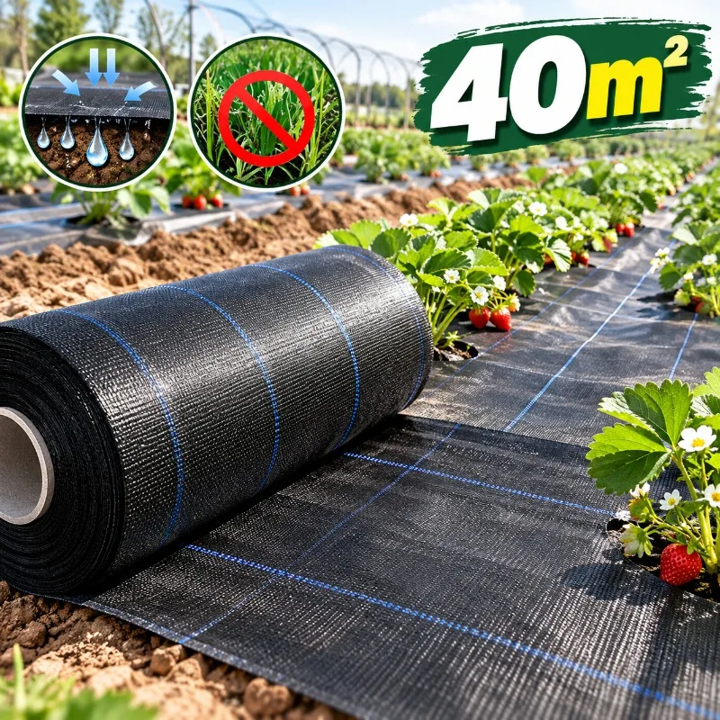 40sqm PE Weed Barrier Fabric, 75gsm Black Landscape Cloth, Permeable Weed Control Mat for Garden/Orchard/Greenhouse Ground Cover