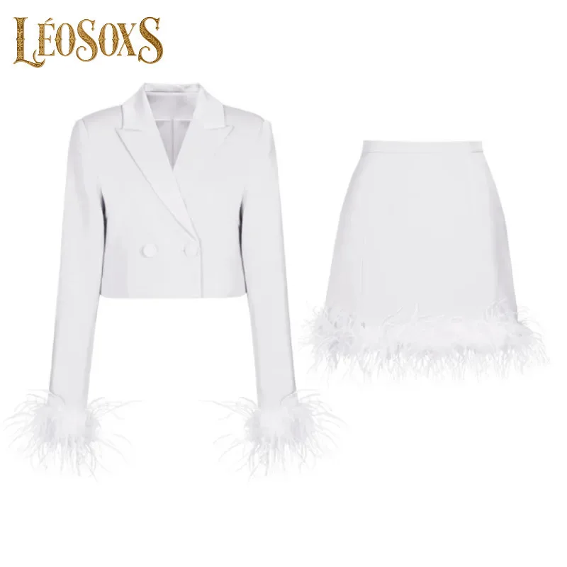 

LEOSOXS 2025 Spring And Autumn New Fashion Simple Ostrich Feather Temperament Commuting Women's Professional Suit Skirt Set
