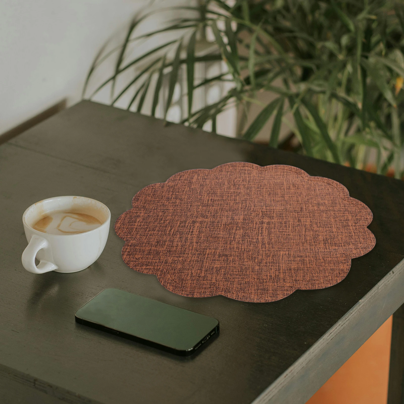 

Flower Shape Dining Table Placemat Imitation Linen PU Skid Proof Cup Mat Waterproof Oil Resistant for Restaurant Coffee Bar