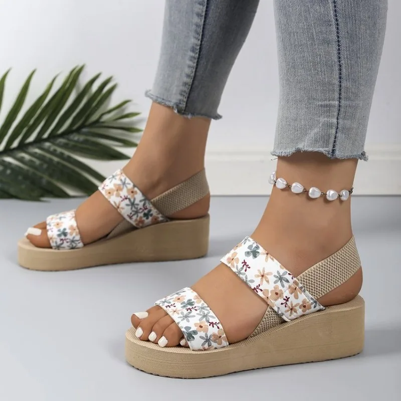 Damen-Sandalen mit Blumenmuster, Plateau-Keilabsatz, Sommer, lässige Strandschuhe, weiches EVA-Gummiband, Mädchen-Studenten-Plateau-Sandalen