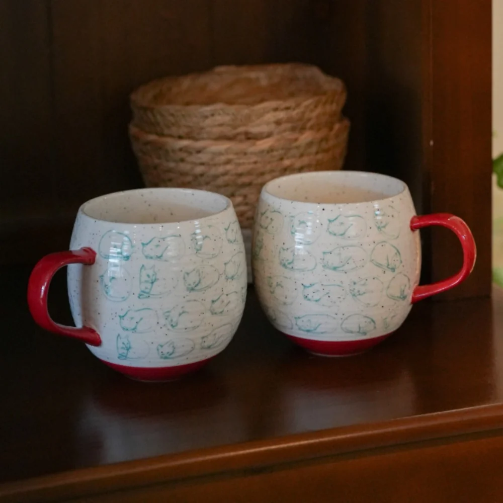 Japanese Style Cat Pattern Coffee Mug Cat Painting Ceramic Cup With Handle Couple Cups Breakfast Mug