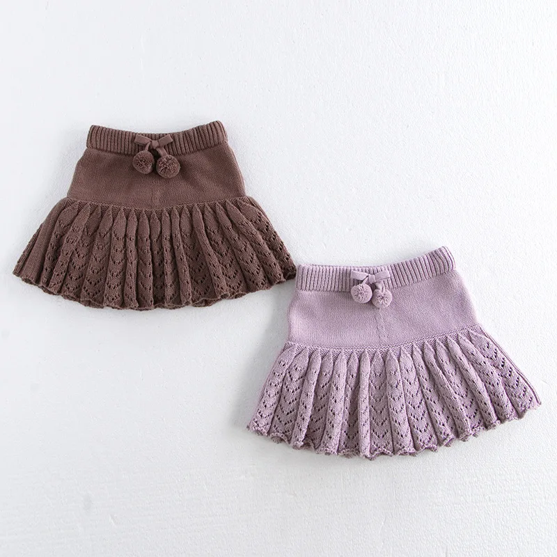 MILANCEL New Autumn Kids Short Skirt Girls Cute Solid Color Knitted Pleated Skirt Children Hollow Out Knitted Shorts