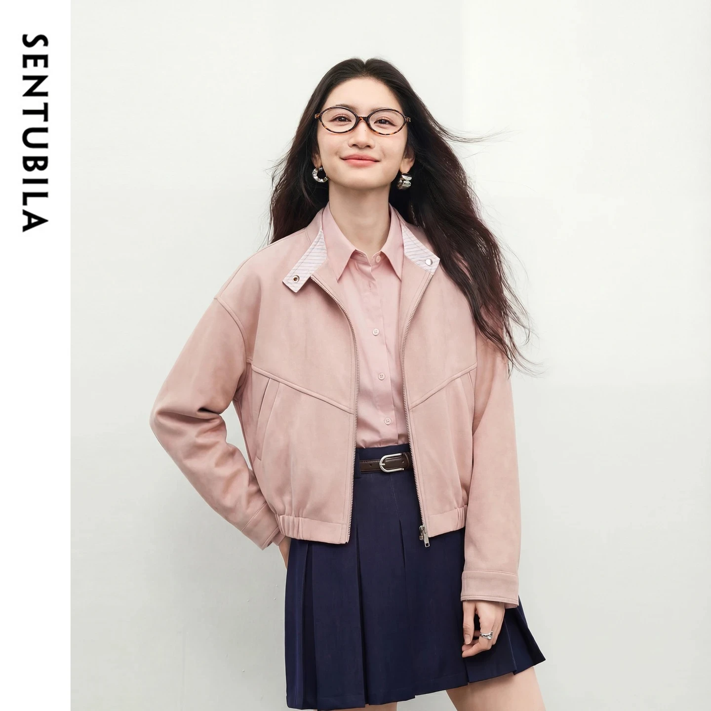 

SENTUBILA Suede Jacket for Women 2026 Casual Paneled Striped Stand Collar Faux Leather Jacket Spring New Loose Coat W61WB5961