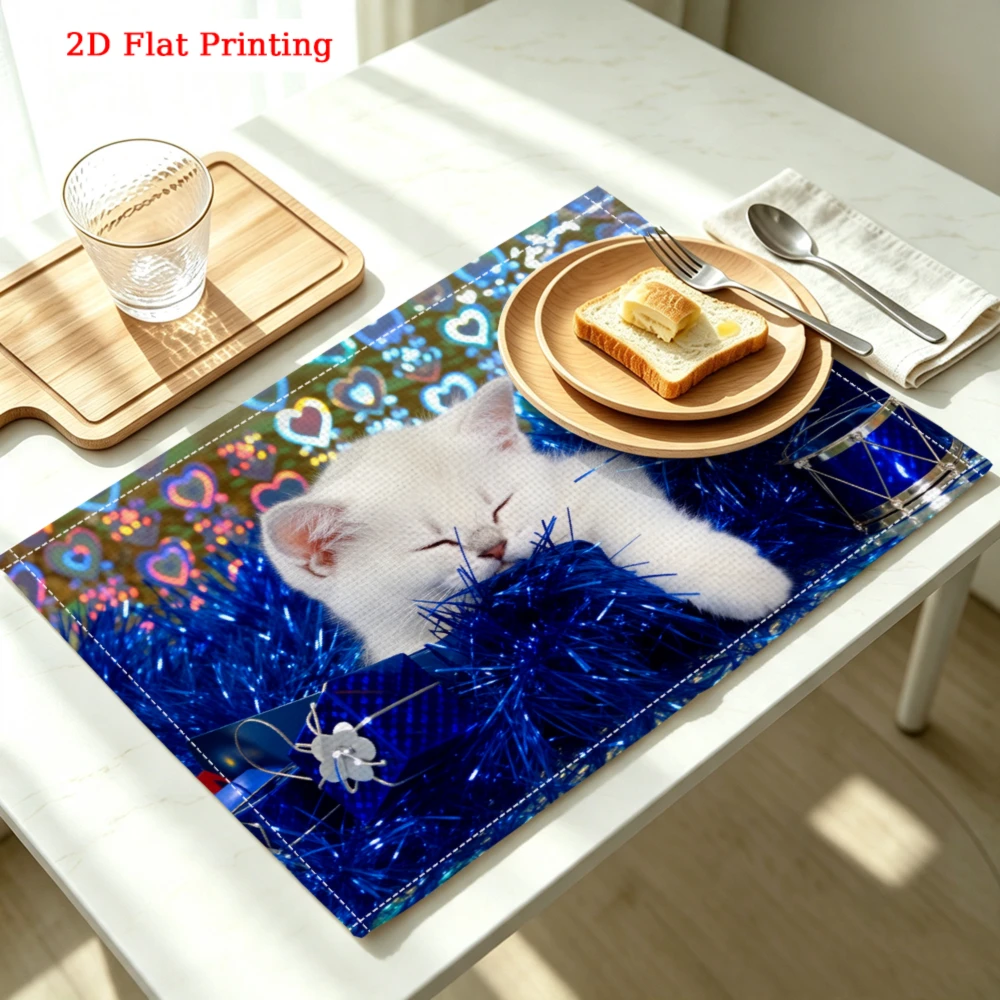 Sleeping White Kitten Kitchen Placemat Sleeping White Kitten Linen Pad Dish Coffee Cup Table Mat 1PC 30x40cm