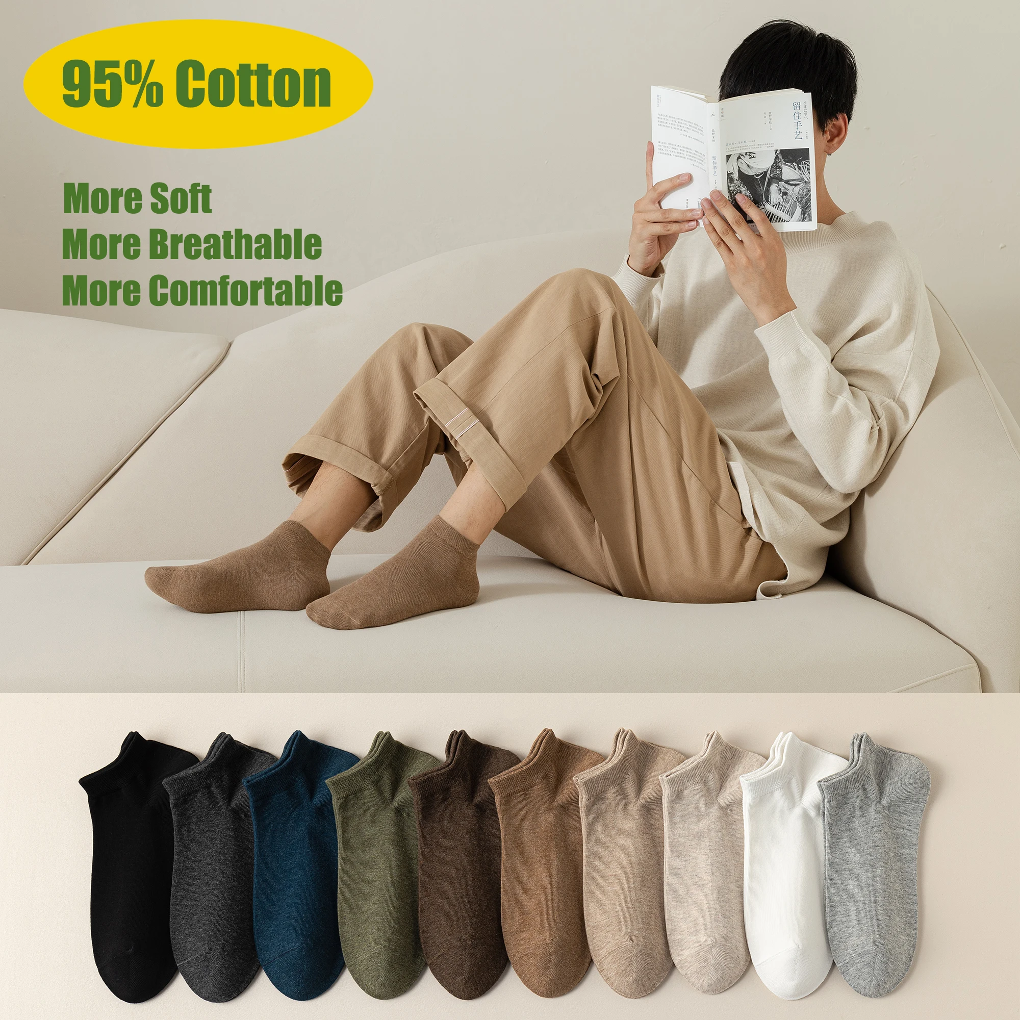 

5 пар носков до щиколотки из 95% хлопка, мужские и женские летние носки-лодочки, размер ЕС 37-43, черный, белый, серый, кофейный, синий, оливковый