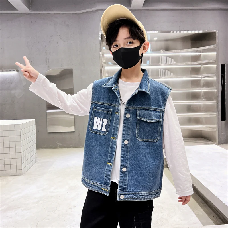 New Stylish Boy's Sleeveless Denim Vest with Pocket Kids Children Spring Summer Clothing Outfit Denim  Waistcoat Age 5 To 14 Y