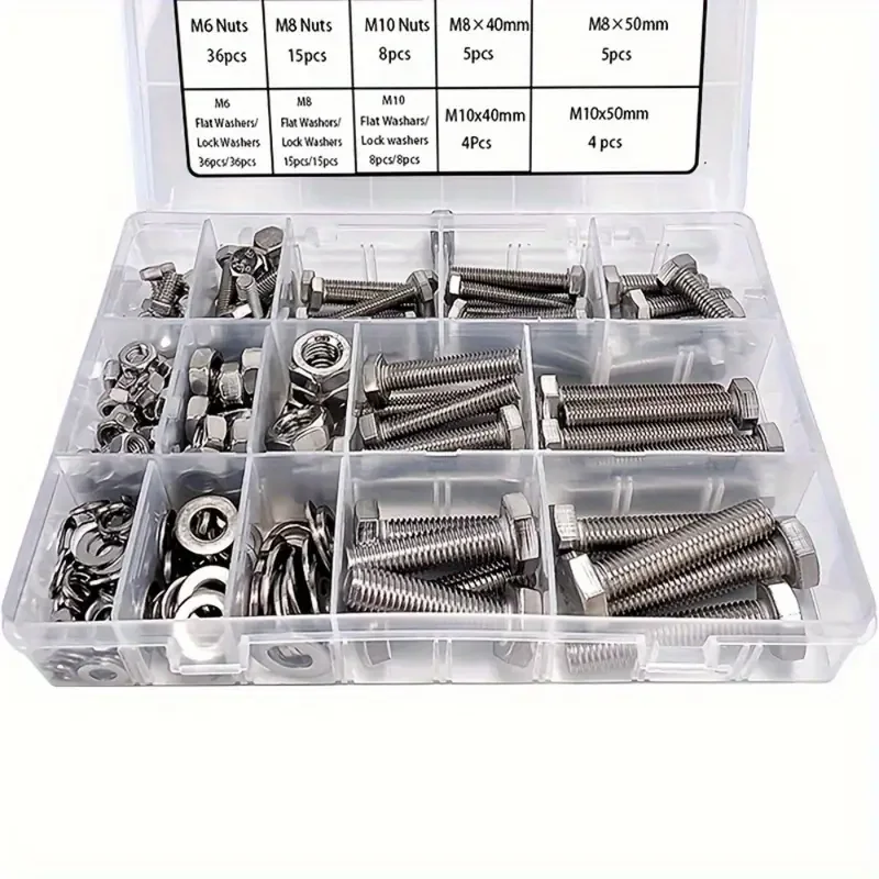 

176 pieces of pure steel screw nuts and washers in sizes M6/M8/M10, suitable for both household and industrial equipment.