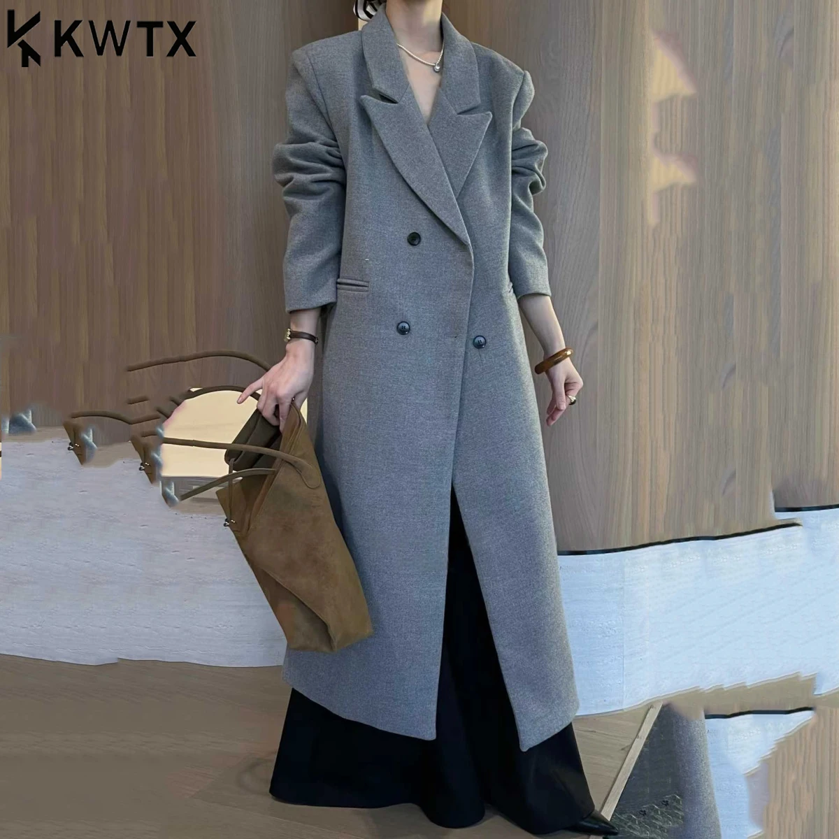 

KWTX 2025 женский роскошный зимний теплый утепленный плащ двубортное длинное пальто однотонная элегантная верхняя одежда высокого качества