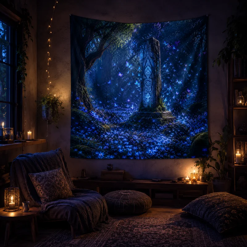 VIKAMA Mystic Nature Tapestry Luminous Tree Of Life Neon Creek Mist Mountain Dark Sky Wall Art for Meditation Room Decor