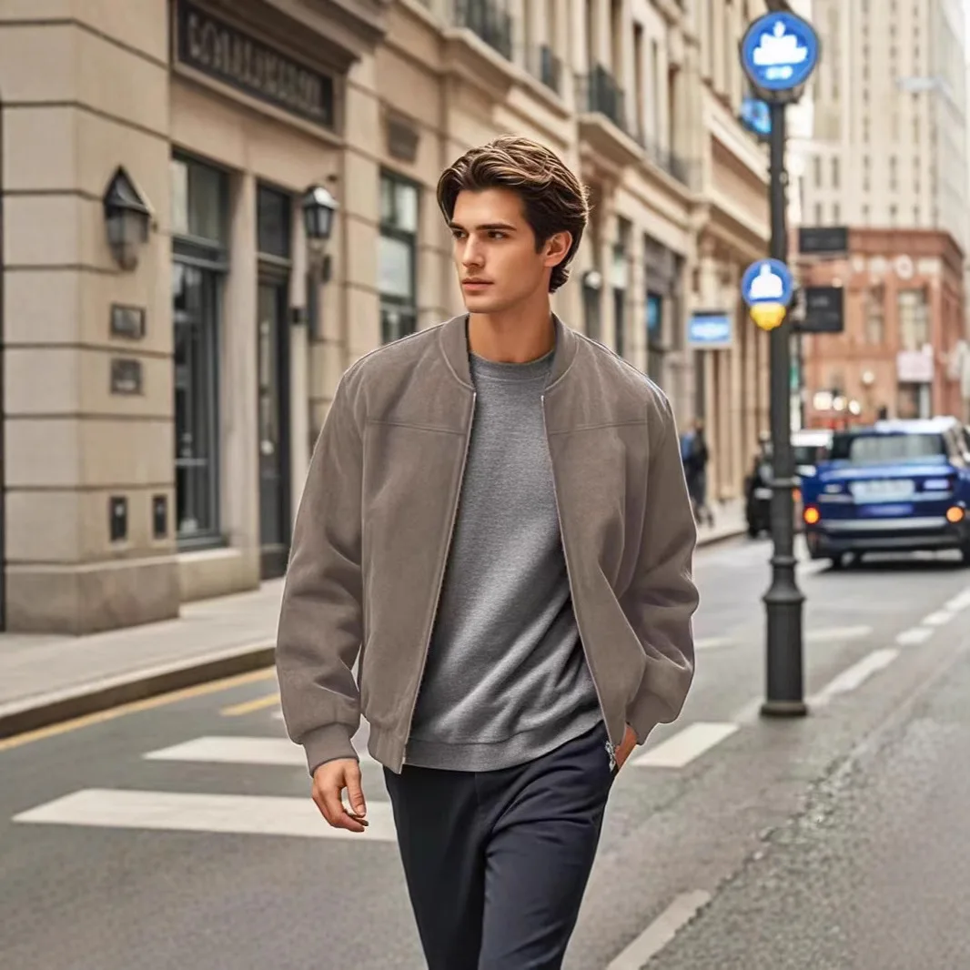 

Autumn and Winter Men's Suede Stand Collar Jacket Men's Loose Retro Zipper Cardigan Jacket Trendy Fashion Men's Jacket