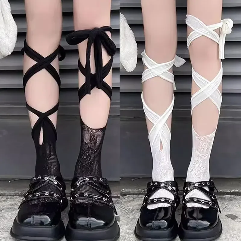 Jk Tie Lace Fishnet Stockings Irregular Split-toe Calf Socks Women's Middle Tube Socks Straps Summer Sexy Long Japanese Socks