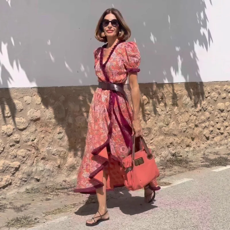 Elegant Women Bohemian Vacation Dress with Tassel Y2K Vintage Celebrity Short Puff Sleeve V Neck Slit Ruffle Festival Long Dress